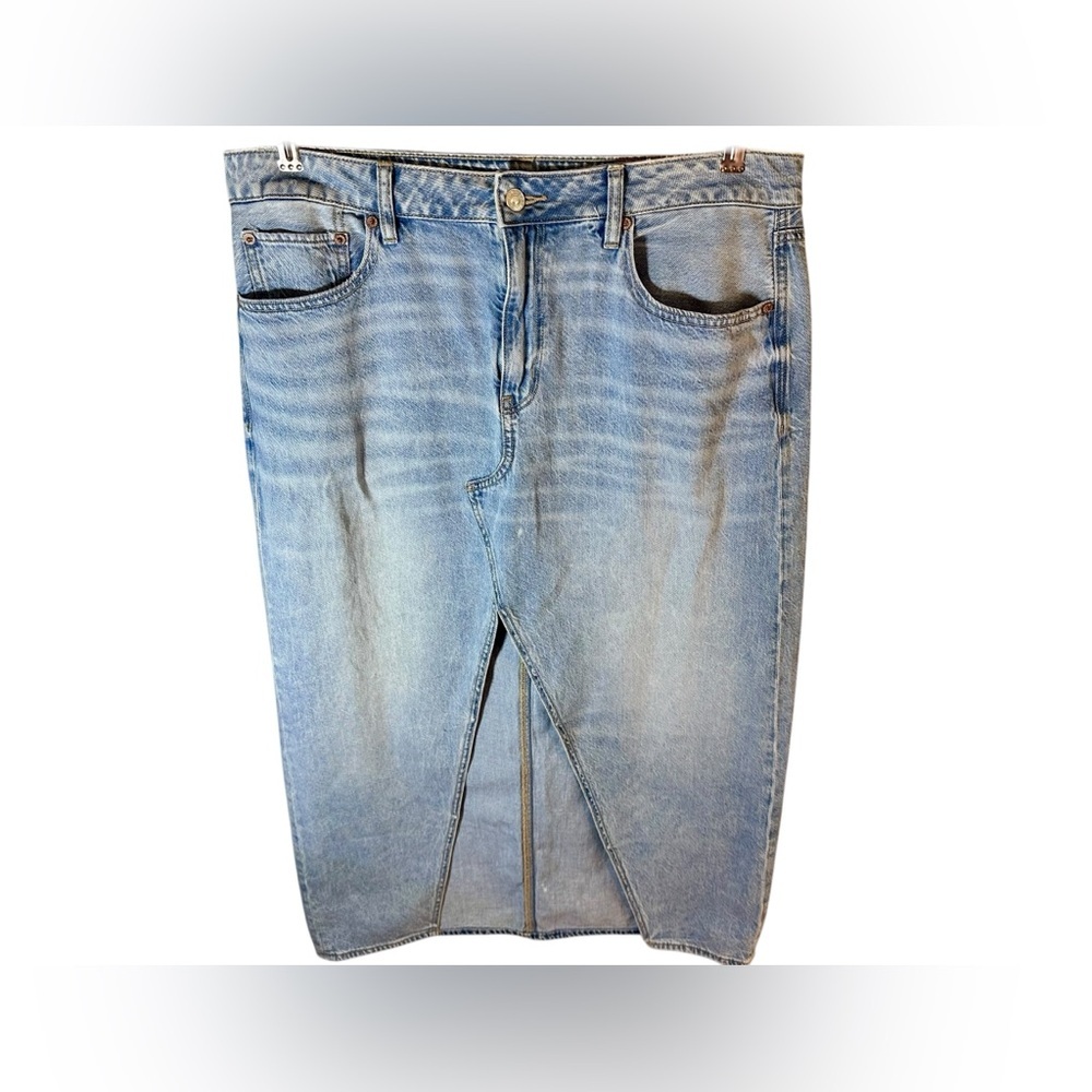 American Eagle AE Dreamy Drape Low Rise Denim Maxi Skirt Front Slit Womens 12 - Picture 5 of 9